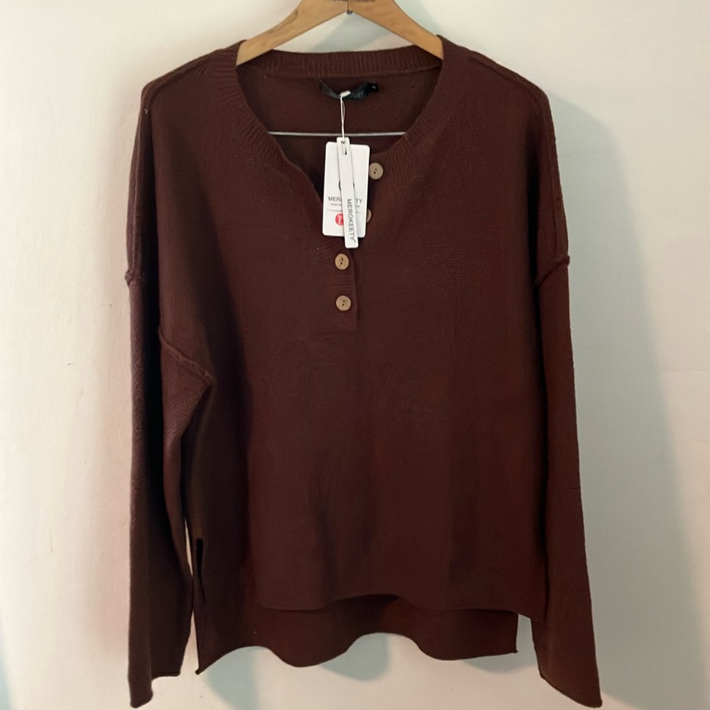 NWT Merokeety Size L Brown Thick Ribbed Sweater Top